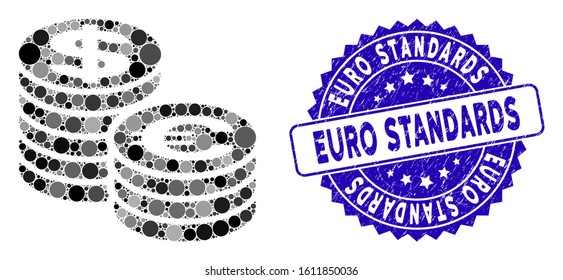 Collage Euro and Dollar coin columns icon and distressed stamp seal with Euro Standards caption. Mosaic vector is designed with Euro and Dollar coin columns icon and with random circle spots.