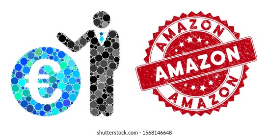 Collage Euro economist and rubber stamp seal with Amazon text. Mosaic vector is formed with Euro economist icon and with random spheric spots. Amazon stamp seal uses red color, and scratched texture.