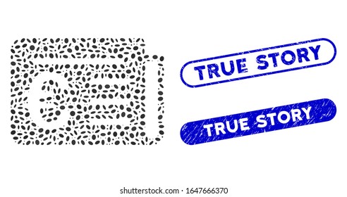 Collage euro financial news and corroded stamp seals with True Story text. Mosaic vector euro financial news is designed with scattered elliptic dots. True Story stamp seals use blue color,