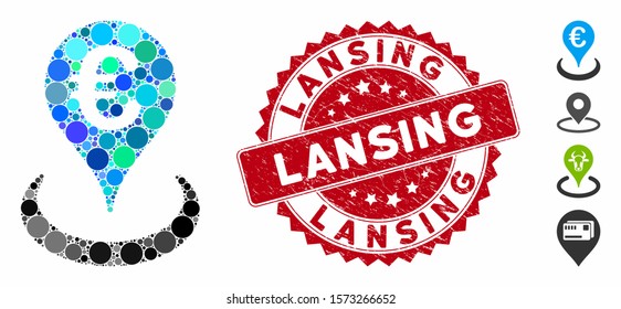 Collage Euro location icon and grunge stamp seal with Lansing text. Mosaic vector is formed with Euro location icon and with random circle items. Lansing stamp seal uses red color,