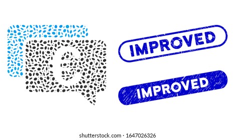 Collage Euro messages and distressed stamp seals with Improved phrase. Mosaic vector Euro messages is composed with scattered ellipse dots. Improved stamp seals use blue color,