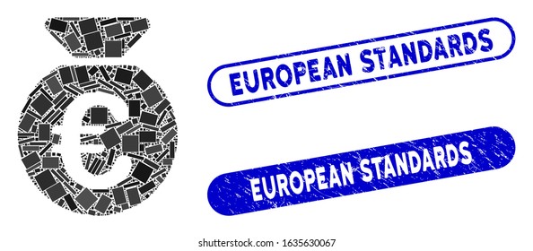 Collage Euro money bag and rubber stamp seals with European Standards text. Mosaic vector Euro money bag is created with random rectangle items. European Standards stamp seals use blue color,