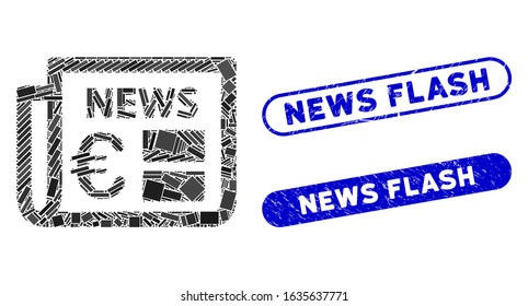Collage Euro newspaper and grunge stamp seals with News Flash caption. Mosaic vector Euro newspaper is composed with scattered rectangle items. News Flash stamp seals use blue color,