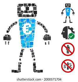 Collage Icono de robot Euro construido a partir de elementos cuadrados en varios tamaños y tonos de color. Los elementos cuadrados vectoriales se combinan en un ícono de robot euro de collage abstracto. Se añaden pictogramas bonificados.