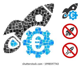Collage Euro rocket science icon organized from square elements in random sizes and color hues. Vector square parts are organized into abstract collage Euro rocket science icon. Bonus icons are added.