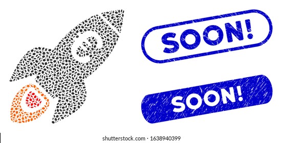 Collage Euro rocket startup and corroded stamp seals with Soon! phrase. Mosaic vector Euro rocket startup is formed with scattered elliptic pieces. Soon! stamp seals use blue color,