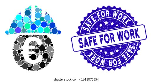 Collage Euro under safety helmet icon and distressed stamp seal with Safe for Work caption. Mosaic vector is composed with Euro under safety helmet icon and with random circle spots.