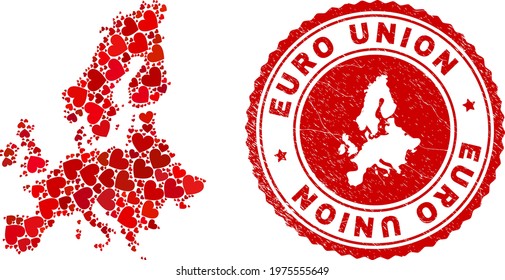 Collage Euro Union map designed with red love hearts, and unclean stamp. Vector lovely round red rubber stamp imprint with Euro Union map inside.