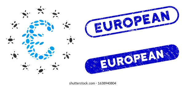 Collage Euro union stars and distressed stamp seals with European phrase. Mosaic vector Euro union stars is created with random ellipse dots. European stamp seals use blue color,