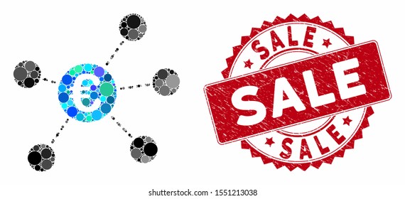 Collage Euro virtual links and distressed stamp seal with Sale caption. Mosaic vector is designed with Euro virtual links icon and with scattered spheric elements. Sale stamp seal uses red color,