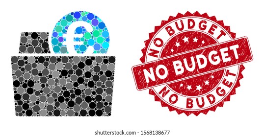 Collage Euro wallet and grunge stamp seal with No Budget phrase. Mosaic vector is formed from Euro wallet icon and with random spheric spots. No Budget stamp seal uses red color, and grunge texture.