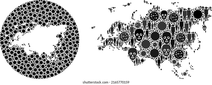 Collage Europe and Asia map organized from flu virus elements and population and mortal elements. Sick virus Europe and Asia map mosaic created with circle and subtracted space.