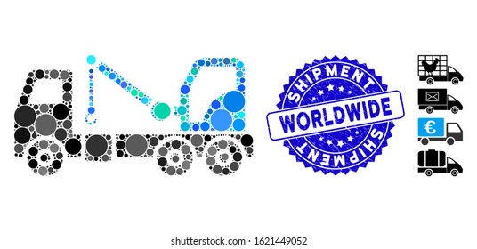 Collage evacuator car icon and grunge stamp seal with Shipment Worldwide caption. Mosaic vector is formed with evacuator car pictogram and with randomized spheric elements.