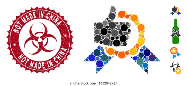 Collage excellent icon and distressed stamp seal with Not Made in China text and biohazard symbol. Mosaic vector is composed with excellent icon and with random round spots.