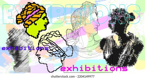 collage for exhibitions in Greece, Greek heads and busts in different interpretations, pixelheads, linear head, bust of aphrodite in triangulator, crazy Greek heads, brush strokes in pastel colors