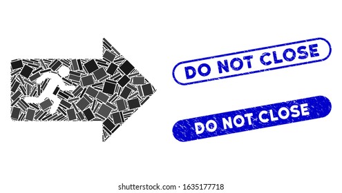 Collage exit arrow and distressed stamp seals with Do Not Close caption. Mosaic vector exit arrow is created with scattered rectangle items. Do Not Close stamp seals use blue color,