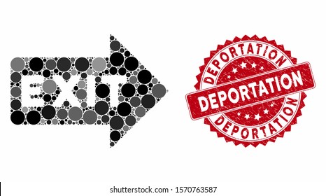 Collage exit arrow and grunge stamp seal with Deportation text. Mosaic vector is formed with exit arrow icon and with randomized round spots. Deportation stamp seal uses red color, and grunge surface.