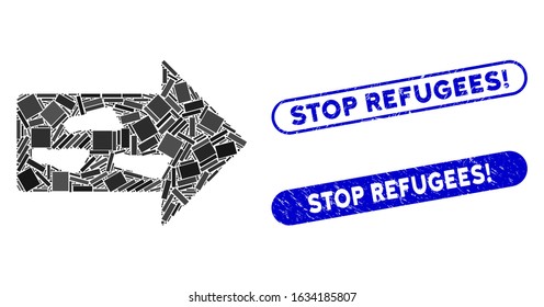 Collage exit direction and rubber stamp seals with Stop Refugees! phrase. Mosaic vector exit direction is created with random rectangle items. Stop Refugees! stamp seals use blue color,