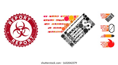 Collage express cheque icon and corroded stamp seal with Report text and biohazard symbol. Mosaic vector is composed with express cheque icon and with scattered spheric items.