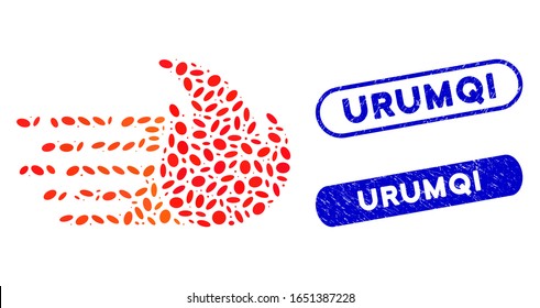Collage express fire and rubber stamp seals with Urumqi caption. Mosaic vector express fire is formed with scattered ellipse spots. Urumqi stamp seals use blue color, and have round rectangle shape.