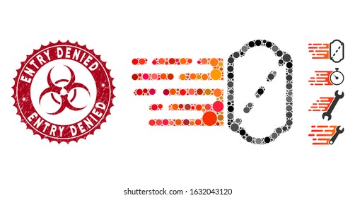 Collage express ticket icon and distressed stamp seal with Entry Denied caption and biohazard symbol. Mosaic vector is created with express ticket icon and with random round elements.