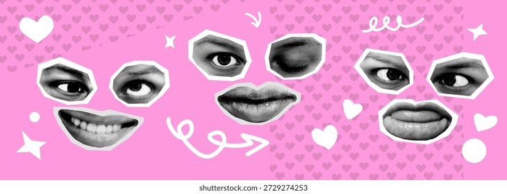 Colagem de olhos expressivos, lábios em um estilo pop-art retrô. Essa composição criativa do rosto captura uma variedade de emoções e humores. Gráficos de mídia social, pôsteres, zines, projetos editoriais criativos.