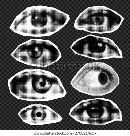 Collage eyes collection with halftone effect on a transparent background.trendy Cutout halftone collage trendy elements 