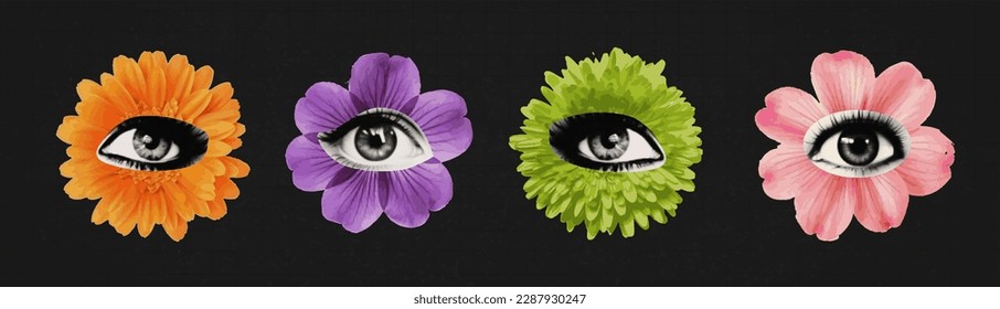 Collage eyes with flowers. The bright flower on it is paper like a woman's pupil cut out of an old magazine. Creative vector texture illustration. 