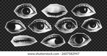 Collage eyes set with halftone effect. Closed and open eyes with different looks. Cutout halftone collage elements for banner, poster and social media. Transparent background. Vector illustration.
