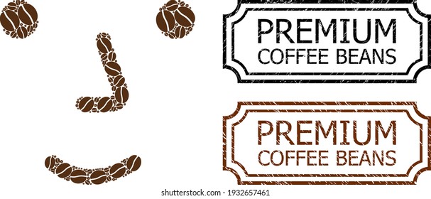 Collage face composed of cocoa grain, and grunge Premium Coffee Beans rectangle badges with notches. Vector coffee icons are composed into abstract collage face icon with brown color.