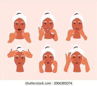 Collage of Face Massage.Retired Old Beautiful Relaxed woman do face yoga for Face Muscle.Self massage,rejuvenating exercise.Lady massage her face.Beauty Procedure,anti-aging care.Vector illustration