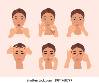 Collage of Face Massage.Yoga, Gymnastics,rejuvenating exercises for Face Muscle.Beauty Procedure.Acupuncture anti-aging self care method. Woman makes Face Yoga with own hands. Vector Flat Illustration