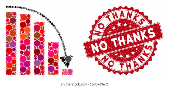 Collage falling acceleration chart and rubber stamp seal with No Thanks phrase. Mosaic vector is formed with falling acceleration chart icon and with random circle elements.