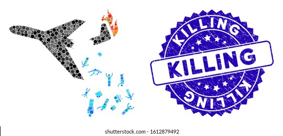Collage falling passengers from airplane icon and grunge stamp seal with Killing phrase. Mosaic vector is formed with falling passengers from airplane icon and with random spheric spots.