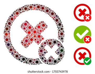 Collage false negative designed from flu virus icons in different sizes, red colors. Vector viral icons are arranged into abstract collage false negative icon. Some bonus icons are added.