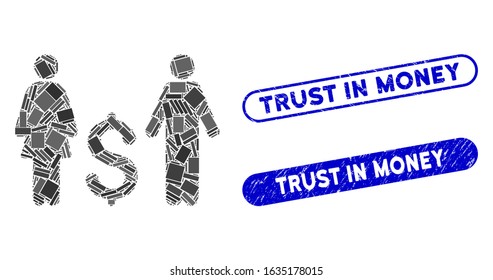 Collage family dollar and rubber stamp seals with Trust in Money caption. Mosaic vector family dollar is formed with random rectangle items. Trust in Money stamp seals use blue color,