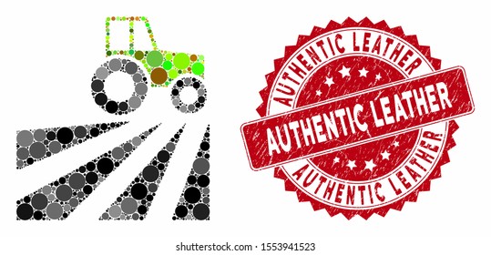 Collage farm field with tractor and grunge stamp seal with Authentic Leather caption. Mosaic vector is created with farm field with tractor icon and with random round items.