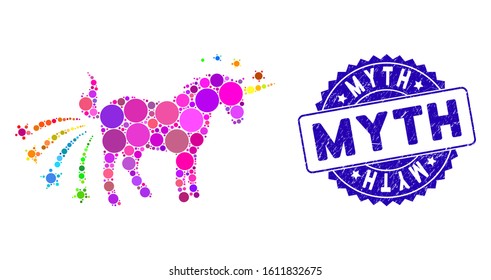 Collage farting unicorn icon and corroded stamp seal with Myth caption. Mosaic vector is designed with farting unicorn icon and with random spheric items. Myth stamp seal uses blue color,