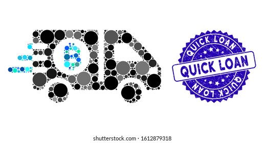 Collage fast Bitcoin delivery car icon and distressed stamp seal with Quick Loan text. Mosaic vector is composed with fast Bitcoin delivery car icon and with scattered round spots.