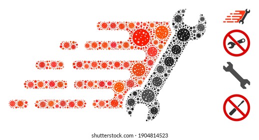 Collage fast repair designed from flu virus icons in different sizes and color hues. Vector pathogen icons are composed into abstract mosaic fast repair icon. Some bonus icons are added.