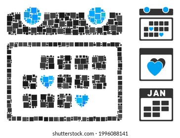 Collage Favourite days icon organized from square items in random sizes and color hues. Vector square parts are organized into abstract illustration favourite days icon. Bonus icons are added.