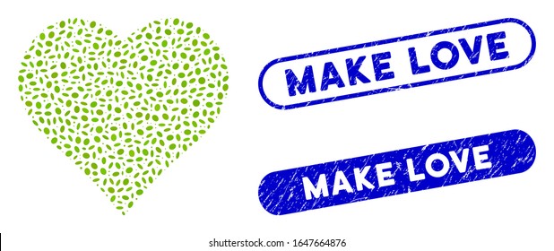 Collage favourites and distressed stamp seals with Make Love text. Mosaic vector favourites is created with randomized ellipse dots. Make Love stamp seals use blue color,