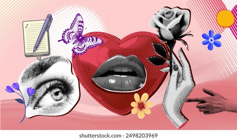 A collage featuring an eye, heart, hand holding a rose, and a notepad with a pen, all designed in a modern punk style using a halftone dotted pattern.