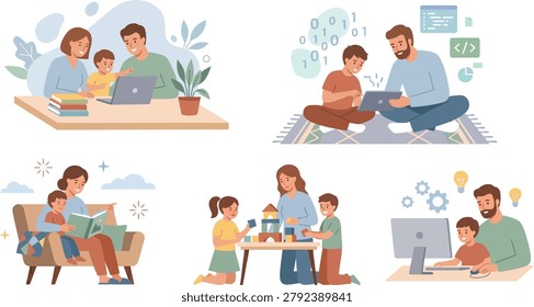 A collage featuring parents and children engaging in everyday activities together