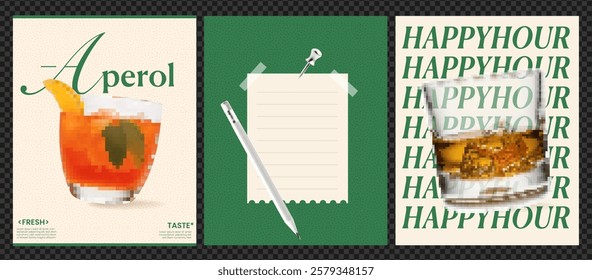 A collage featuring three images: a cocktail drink with an orange slice and mint, a blank notepad with a pen, and a glass of whiskey with the text 'HAPPY HOUR' in a repeating pattern.