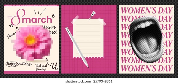 A collage featuring three panels: the first has a blurred pink flower with a message for International Women's Day, the second shows a blank notepad with a pen, 'WOMEN'S DAY'.