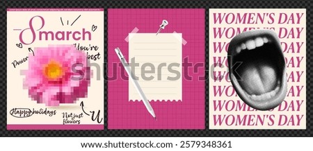 A collage featuring three panels: the first has a blurred pink flower with a message for International Women's Day, the second shows a blank notepad with a pen, 'WOMEN'S DAY'.