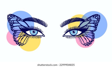 Collage with female eyes decorated with butterfly wings and colored circles