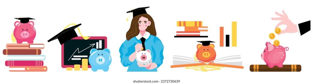 Collage of female student with piggy banks, coins and books on w