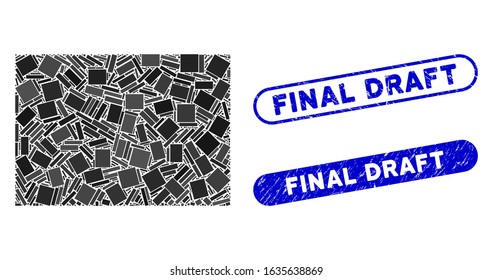 Collage filled rectange and distressed stamp seals with Final Draft caption. Mosaic vector filled rectange is designed with scattered rectangle items. Final Draft seals use blue color,